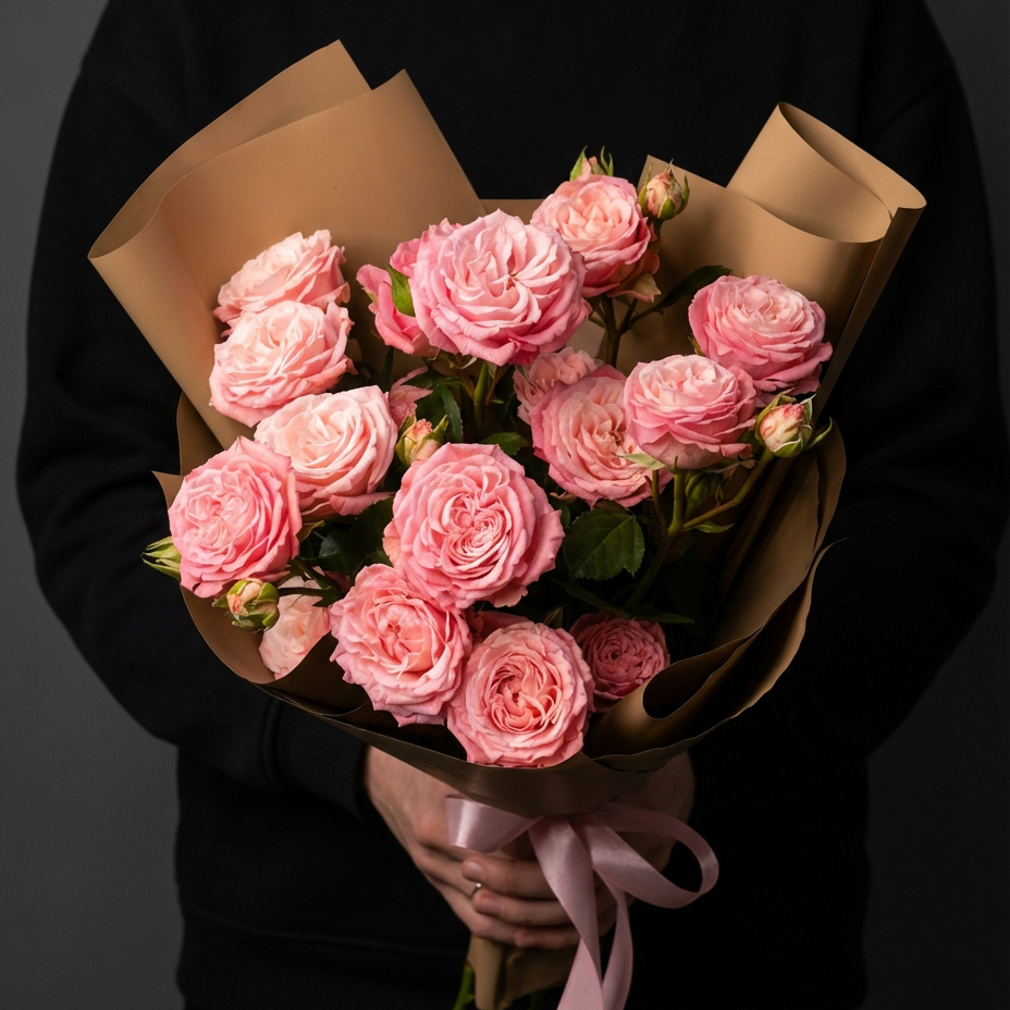 3 розовые кустовые розы в кремовой упаковке