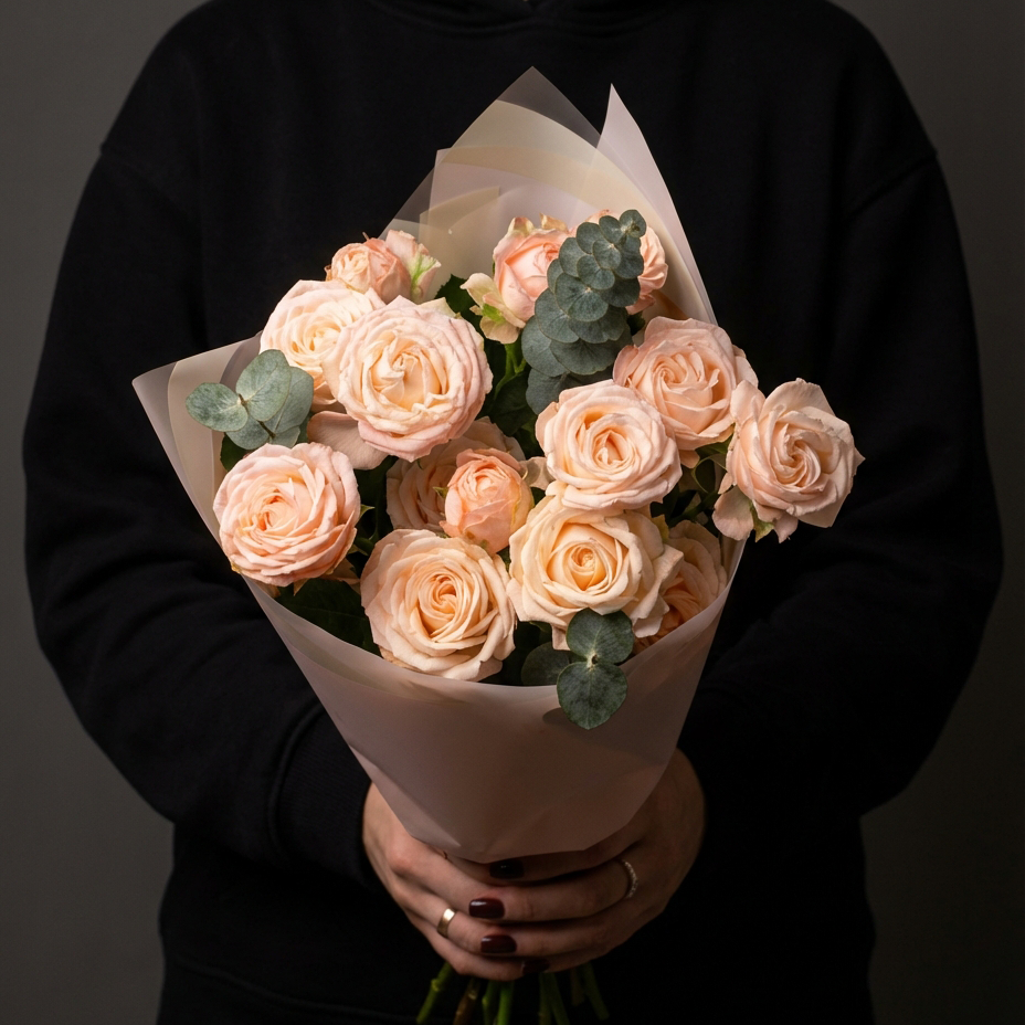 3 розовые кустовые розы с эвкалиптом