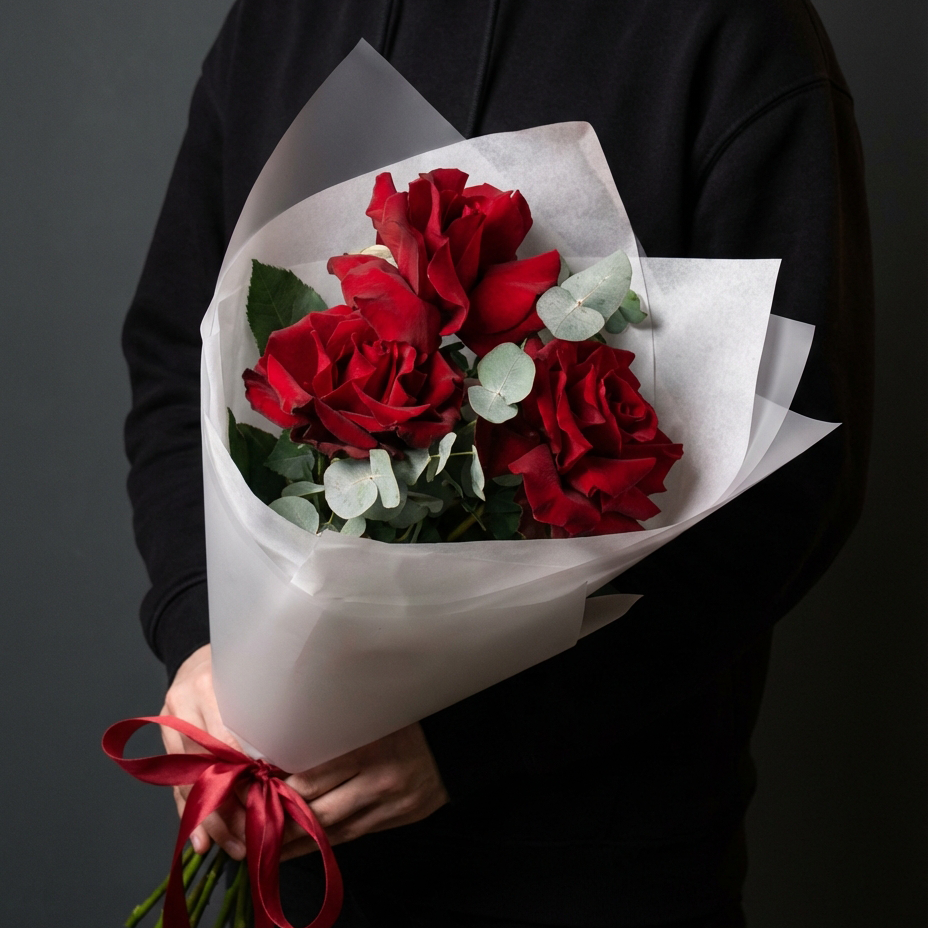 3 французские красные розы с эвкалиптом