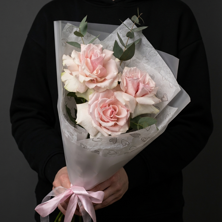 3 розовые французские розы в белой упаковке
