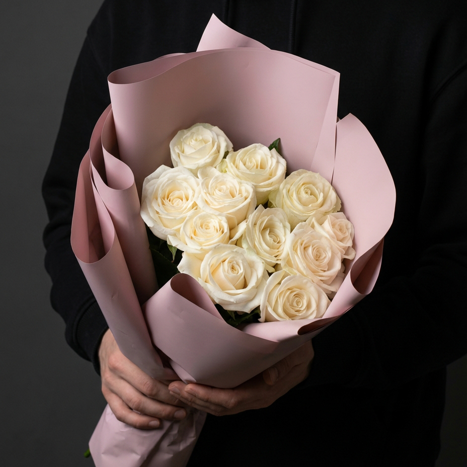 11 белых роз в розовой упаковке