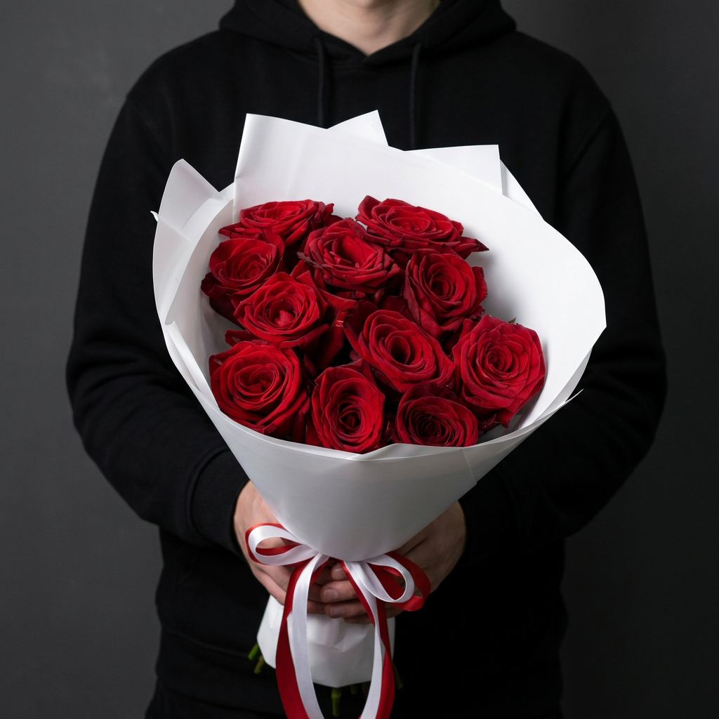 11 красных роз в белой упаковке