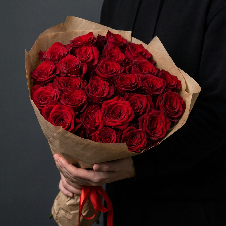 25 красных роз в крафте