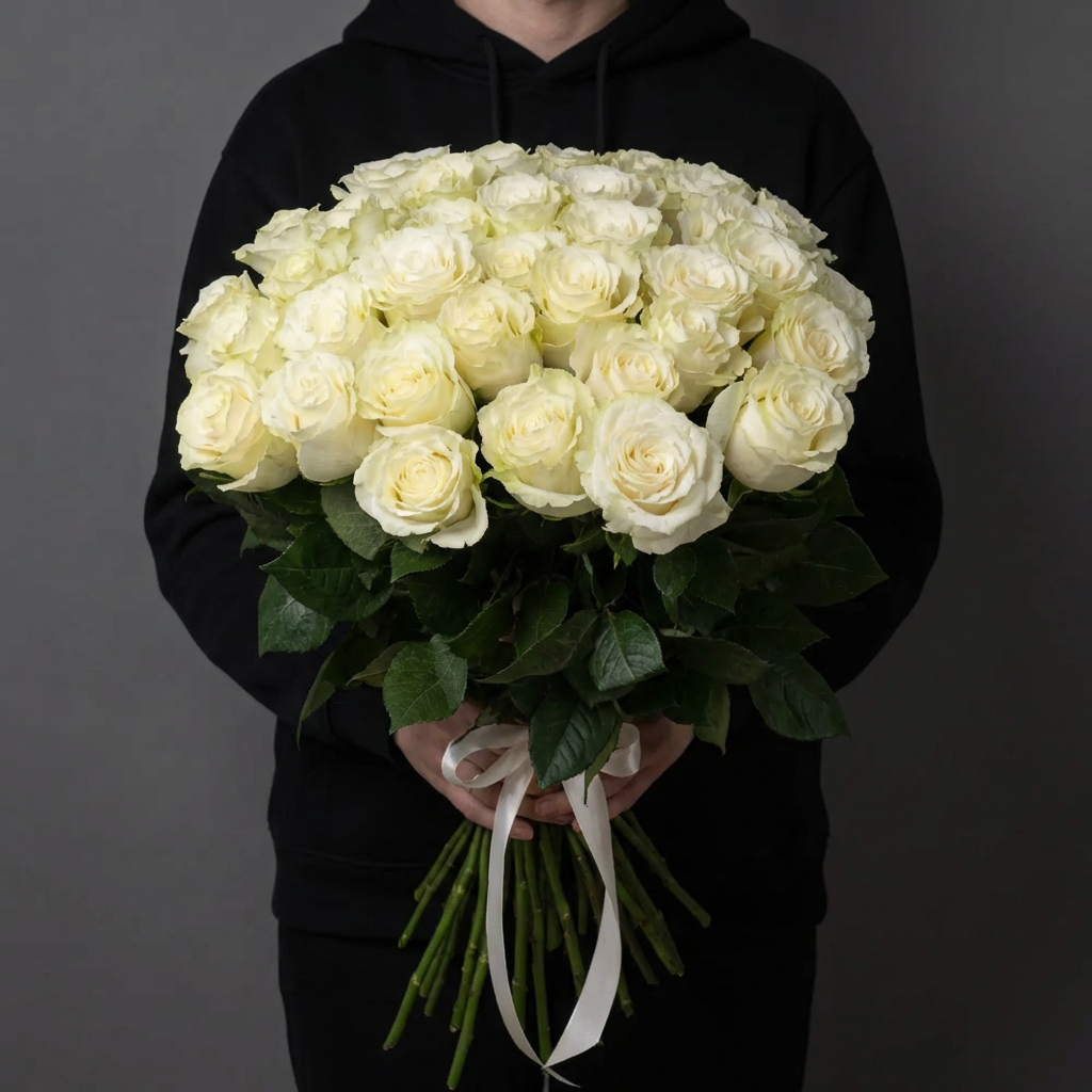 35 белых роз под ленту