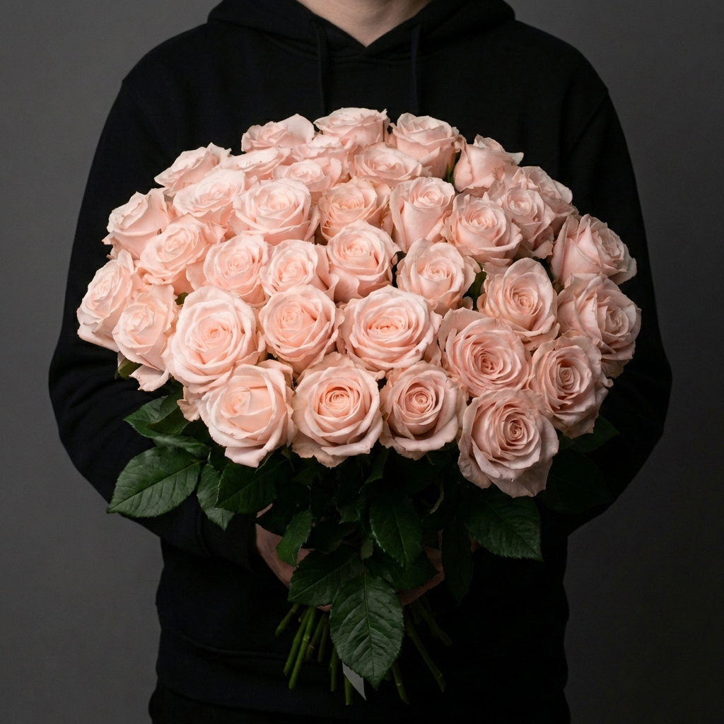 35 розовых роз под ленту