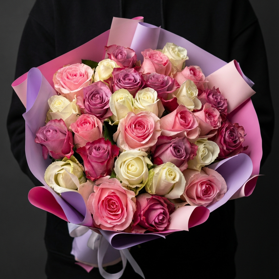 29 разноцветных роз в яркой кпаковке