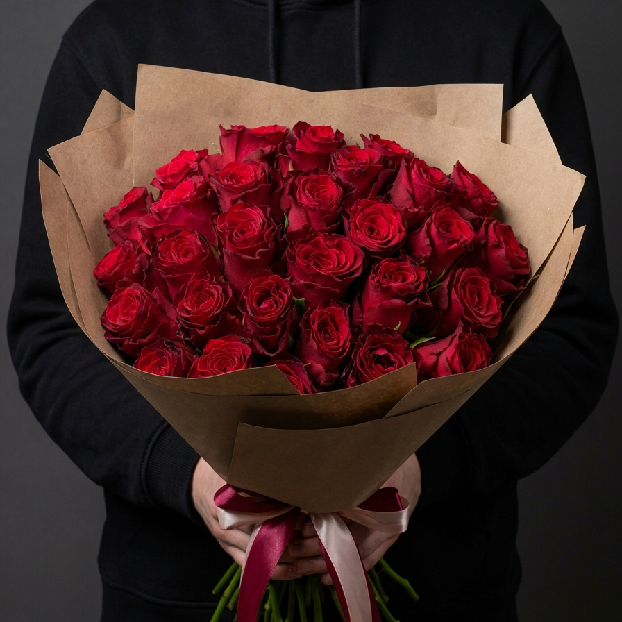 29 красных роз в крафтовой упаковке