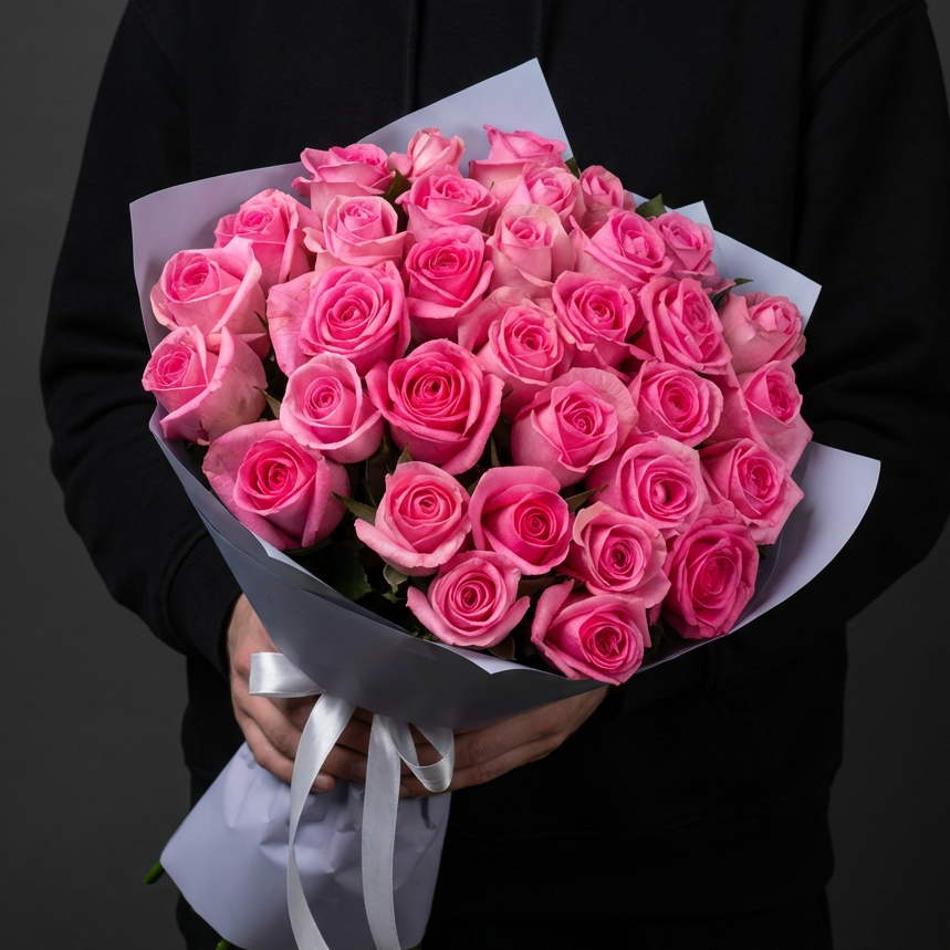 33 розовые розы в голубой упаковке