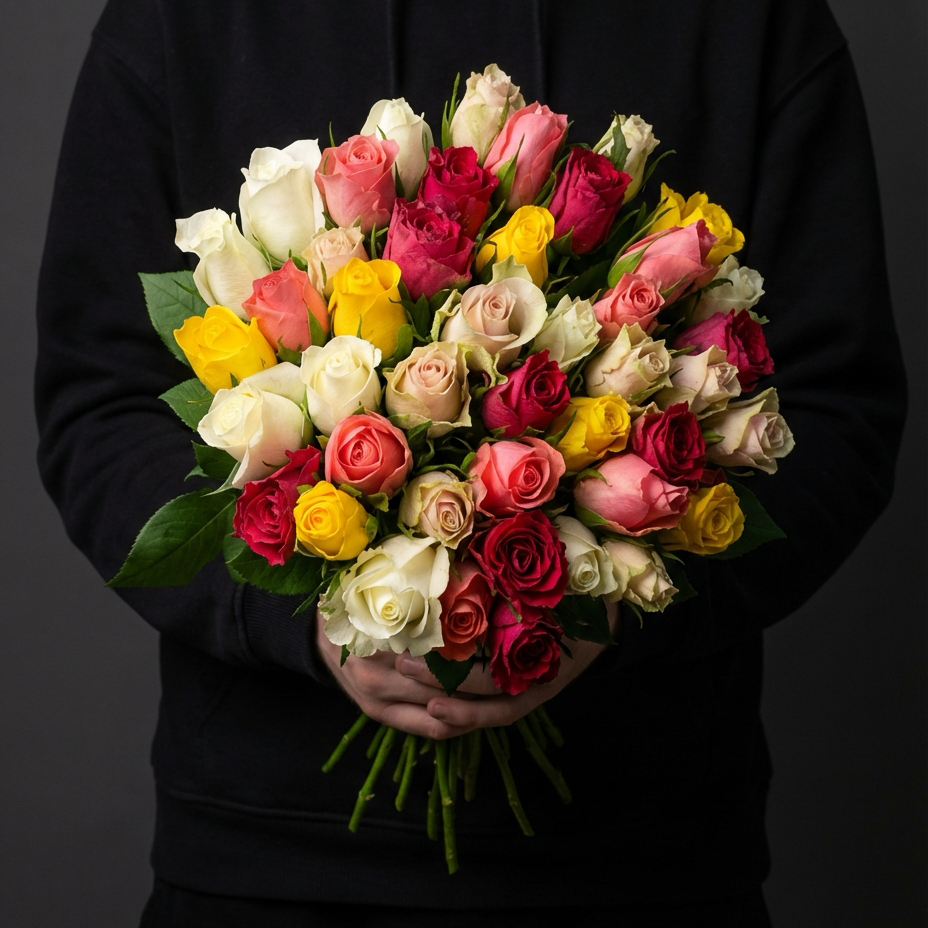 33 разноцветные розы под ленту