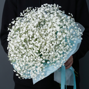 7 белых гипсофил в голубой упаковке