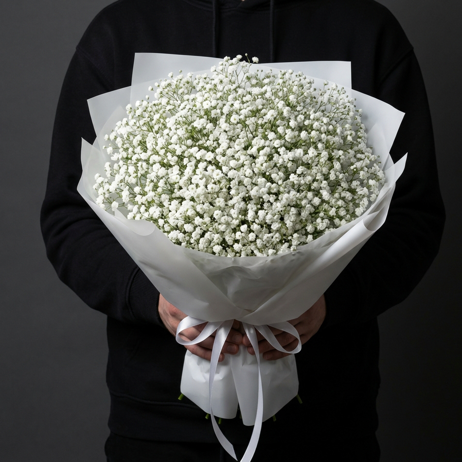 Букет белых гипсофил в белой упаковке