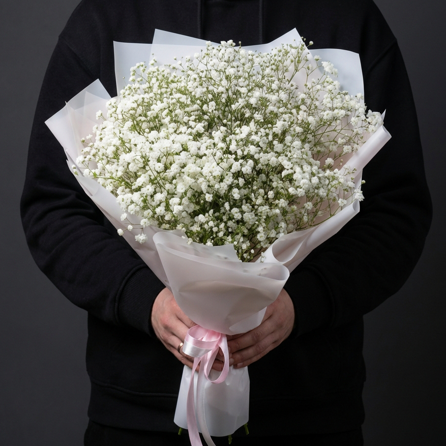 Букет из 5 белых гипсофил в яркой упаковке