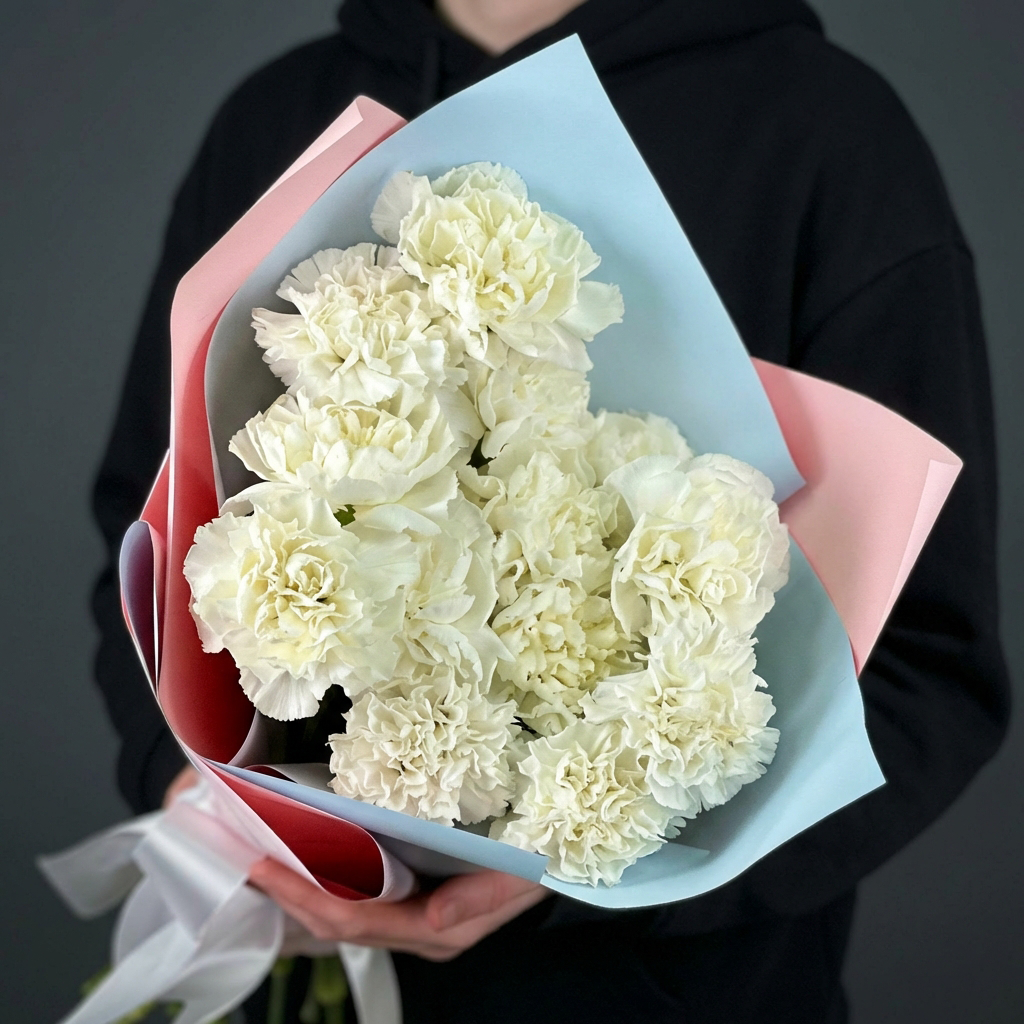 Букет из 15 белых гвоздик