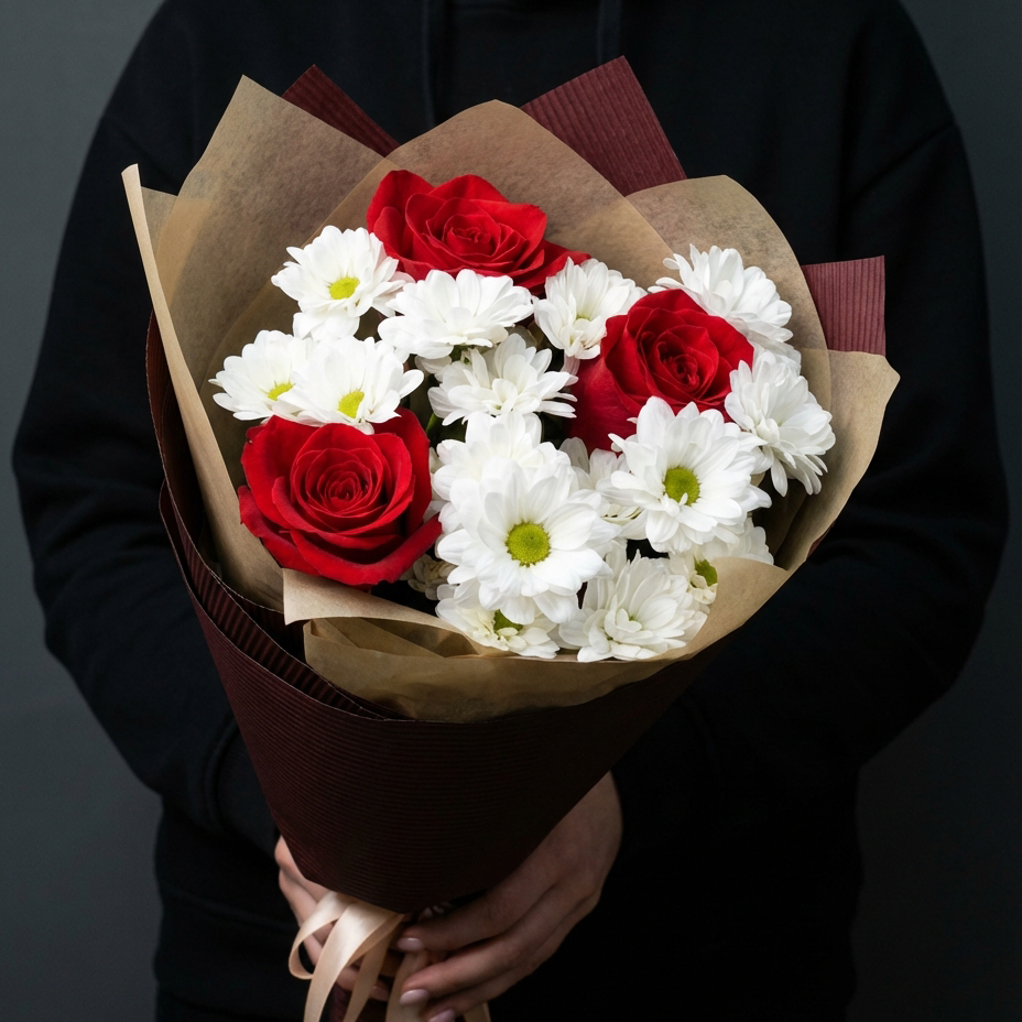 3 красные розы с хризантемой