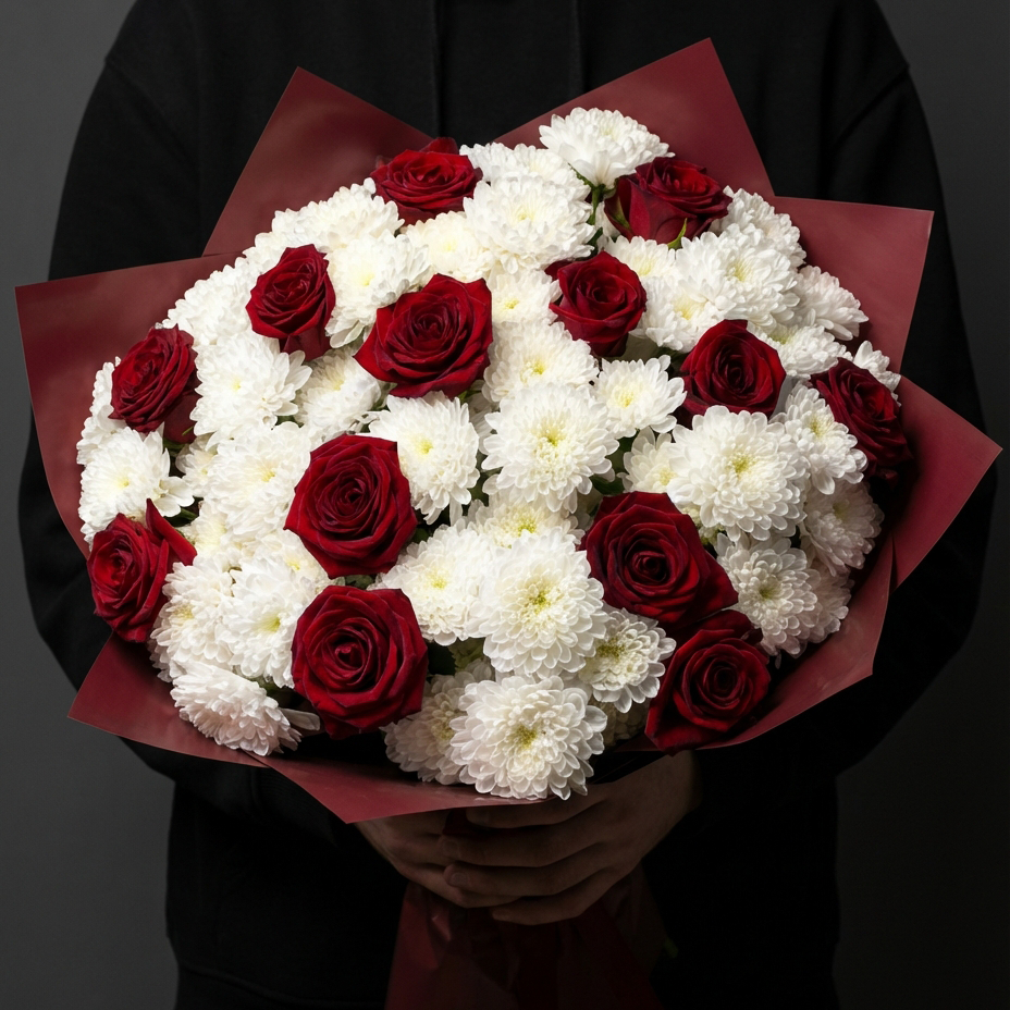 15 красных роз с хризантемами