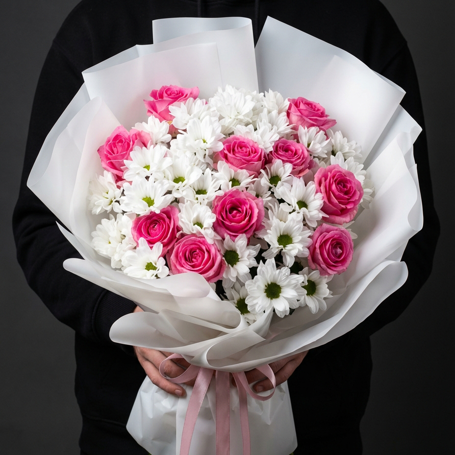 11 розовых роз с хризантемами