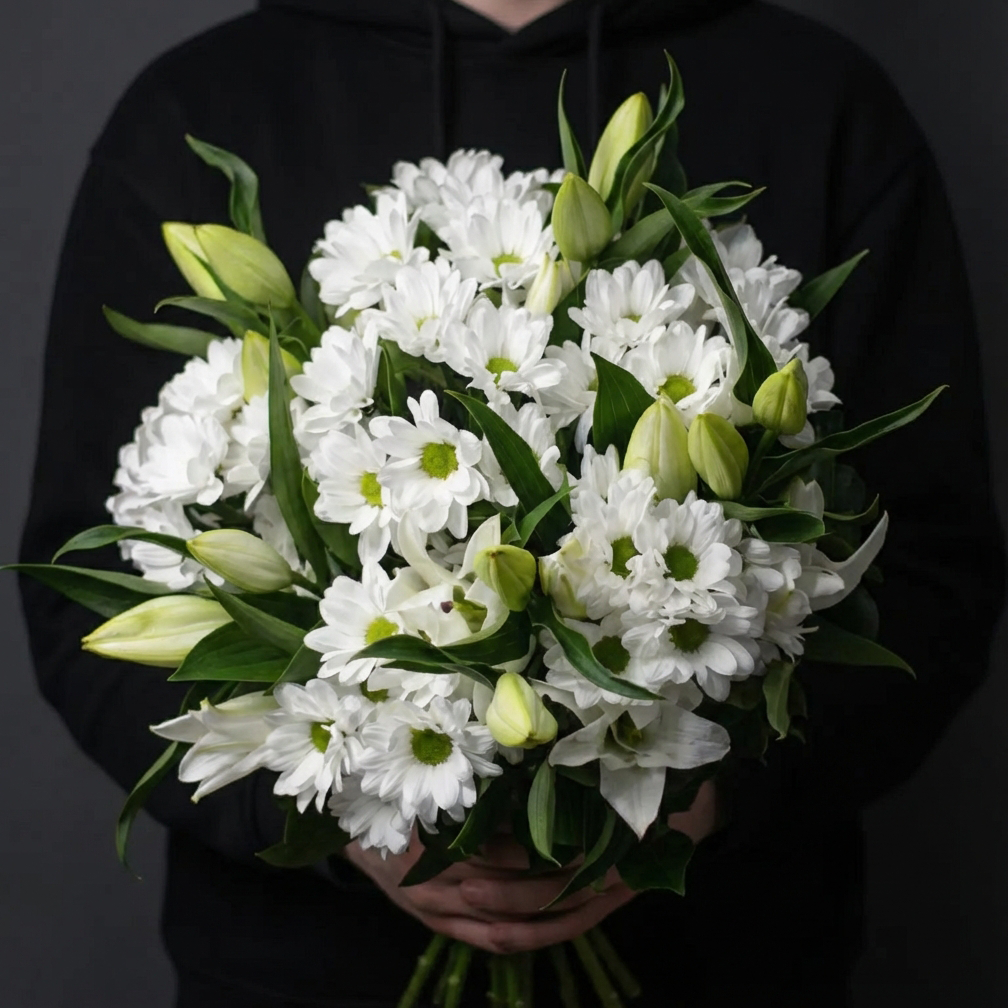 3 лилии с белой хризантемой