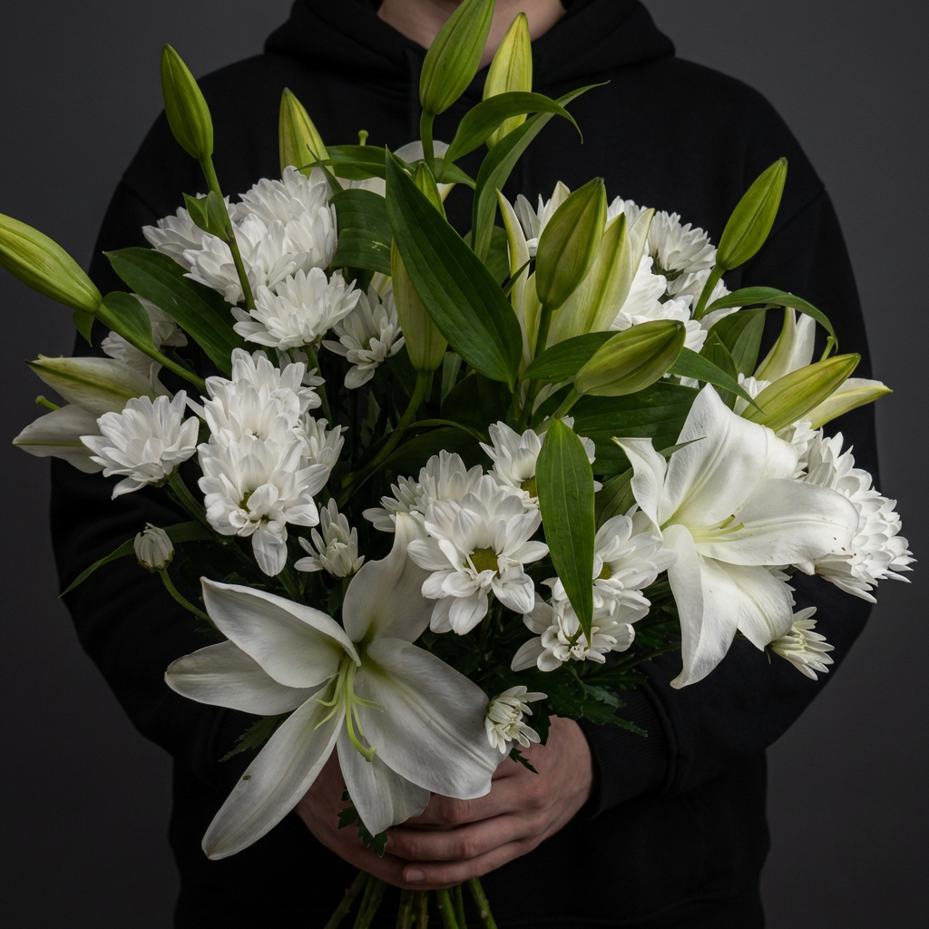 Белые хризантемы с белыми лилиями