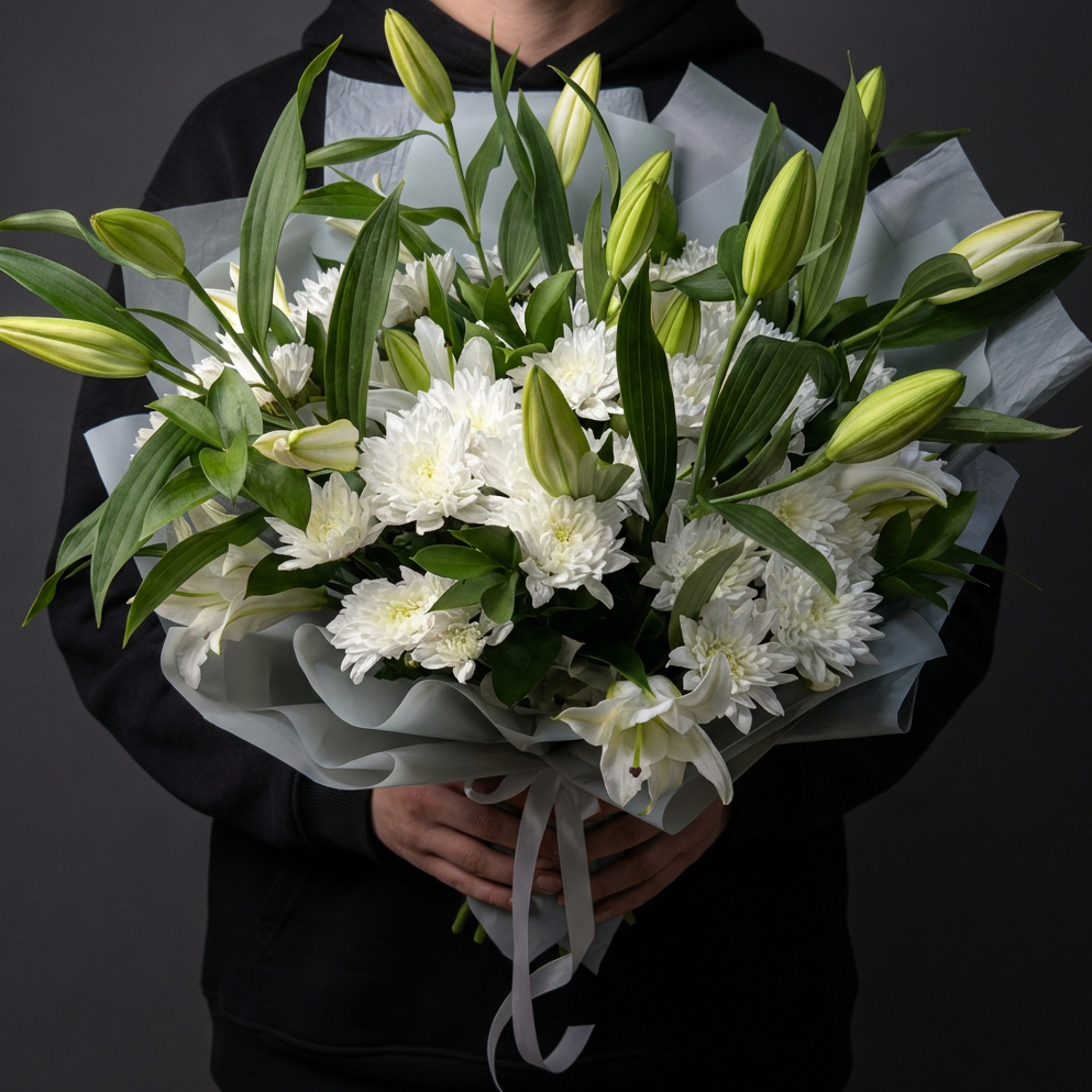 Букет из 7 лилий с хризантемами