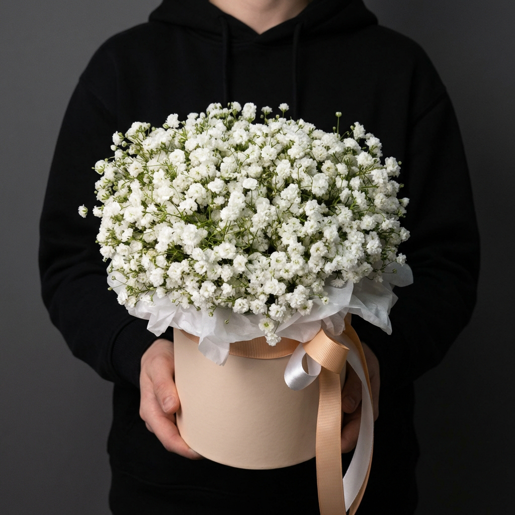 Букет из белых гипсофил в коробке