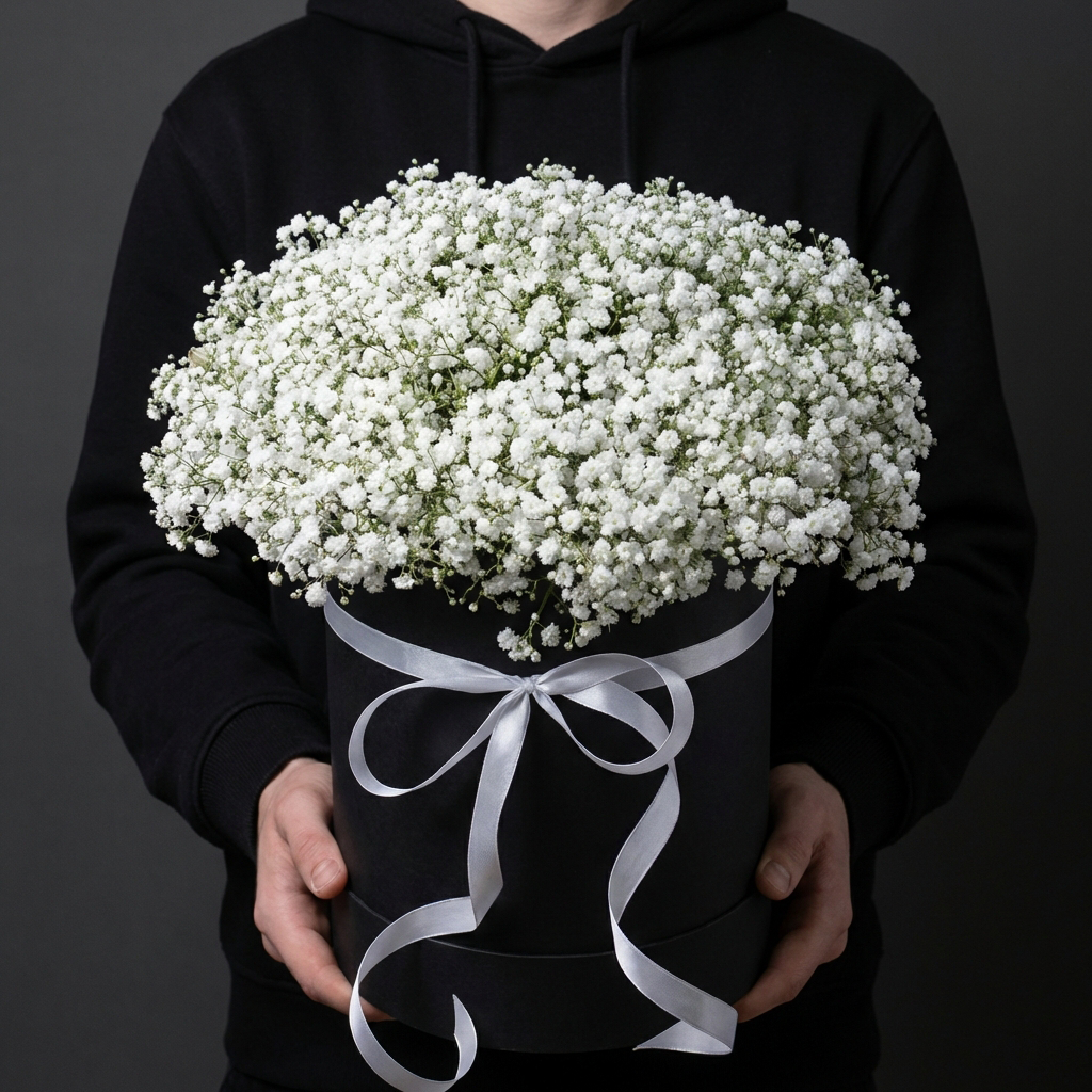 Белая гипсофила в черной коробке