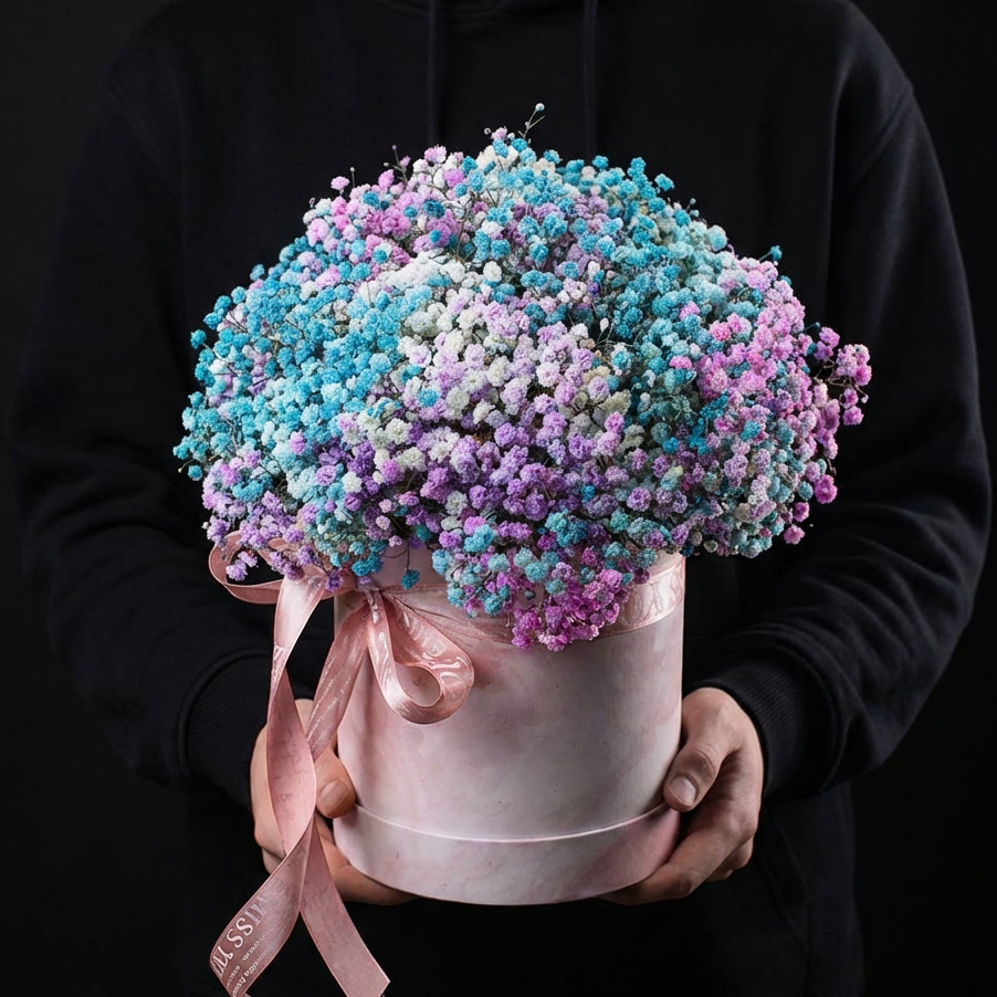 9 разноцветных гипсофил в коробке