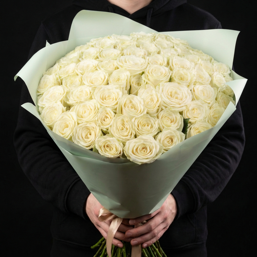 71 белая роза в яркой упаковке