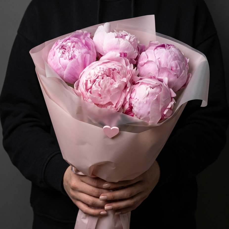 5 пионов в розовой упаковке