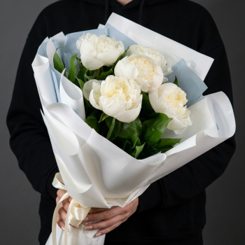 5 белых пионов в яркой упаковке