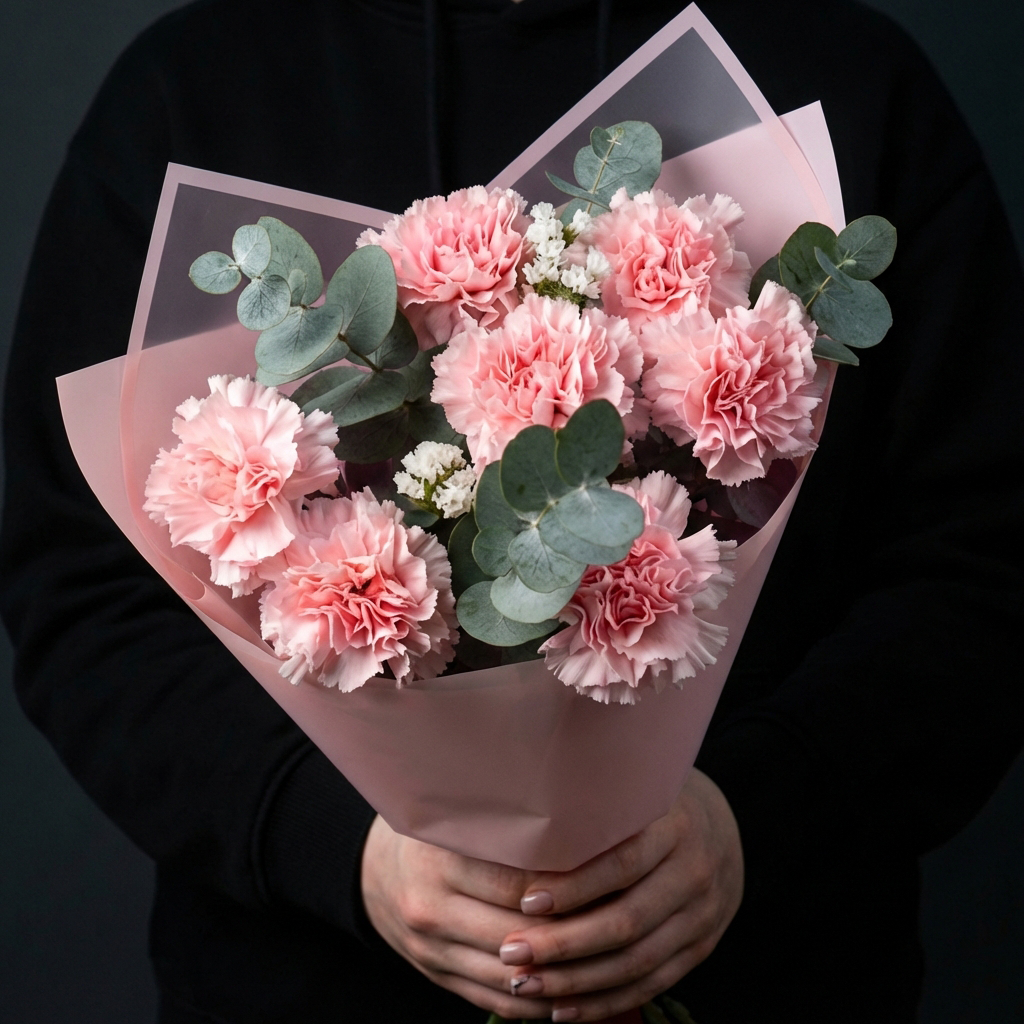 7 розовых гвоздик с эвкалиптом