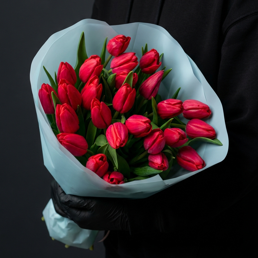 25 красных тюльпанов в голубой упаковке
