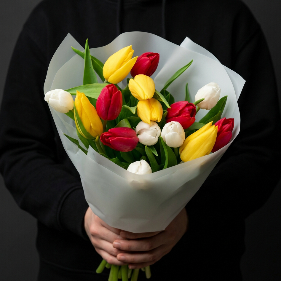 15 разноцветных тюльпанов