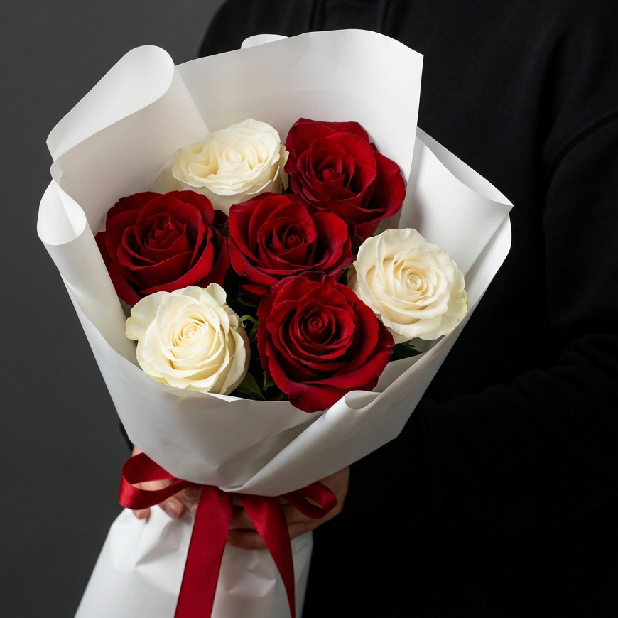 Букет из белых и красных роз 60 см