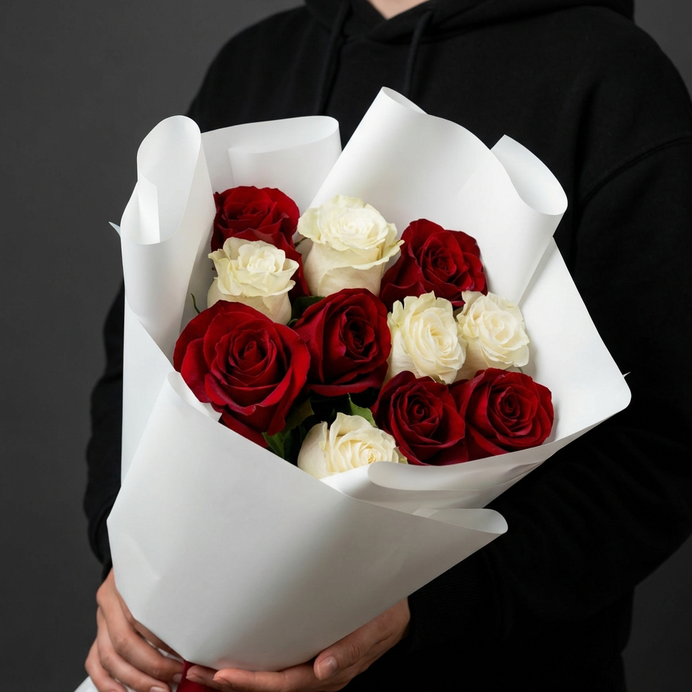 Букет из белых и красных роз 60 см