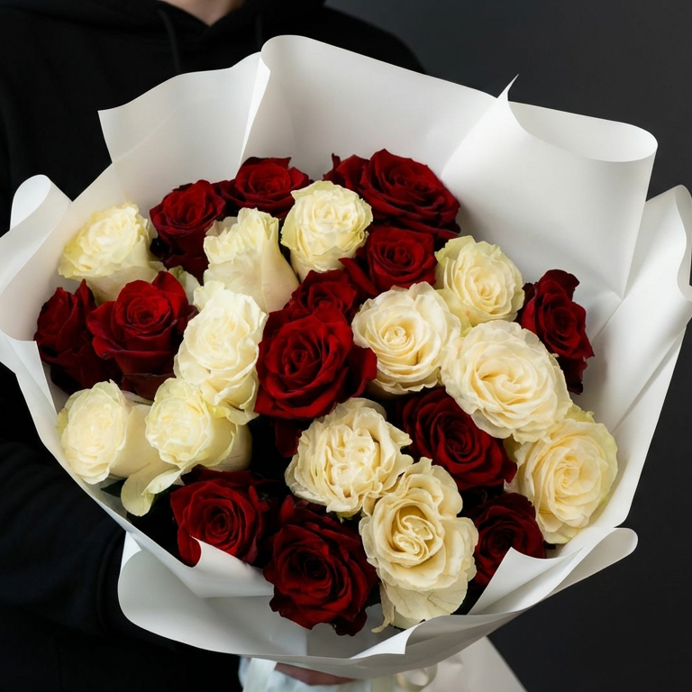 Букет из белых и красных роз 60 см