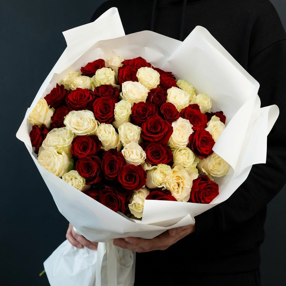 Букет из белых и красных роз 60 см