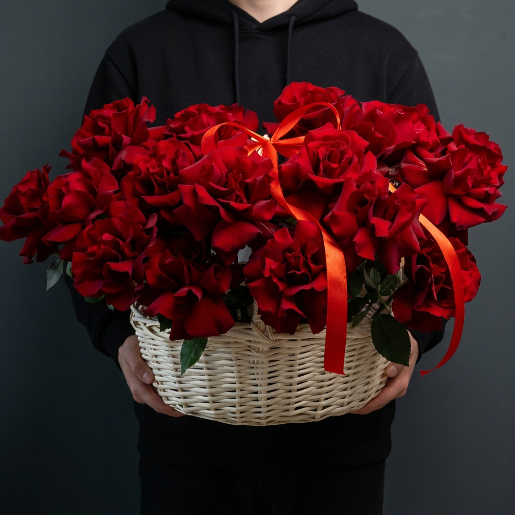 Корзина с 25 красными французскими розами