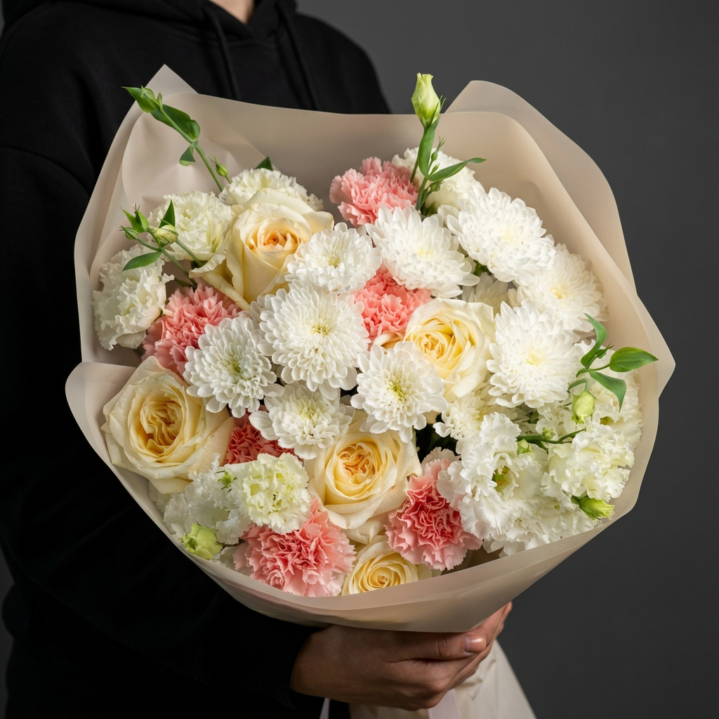 Букет с розами, хризантемами и диантусами