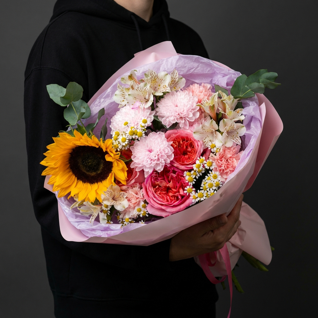 Букет с подсолнухом, альстромериями и хризантемами