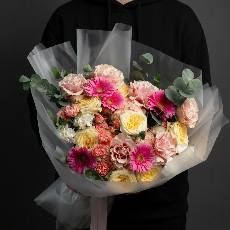 Букет с герберами, розами и гортензиями