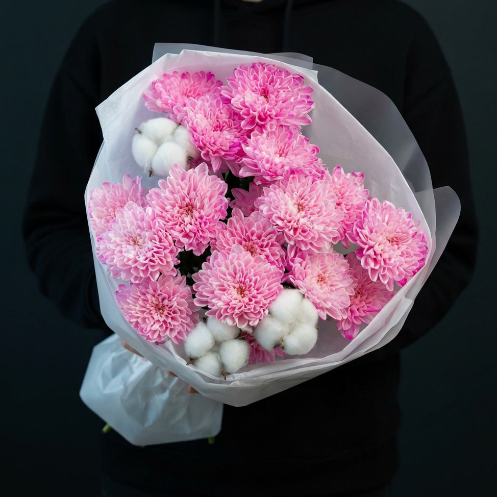 3 розовые хризантемы с сухоцветами