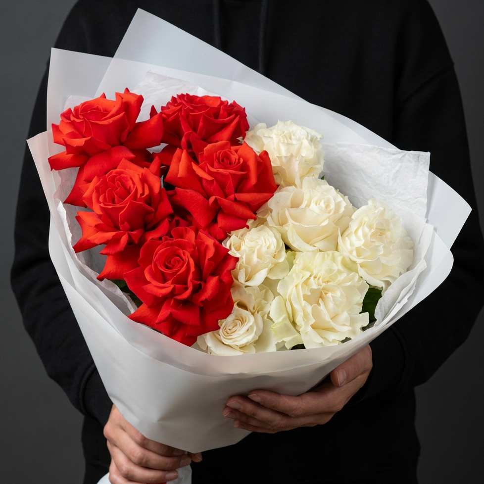 11 красных и белых французских роз