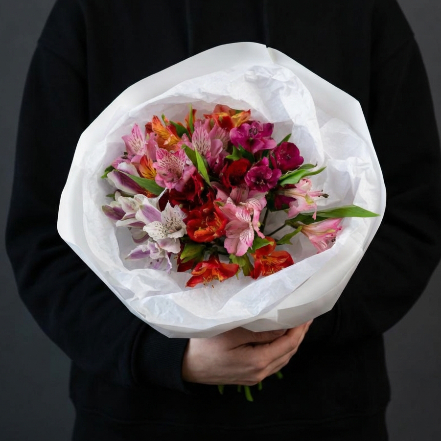 Букет из альстромерий в белой упаковке