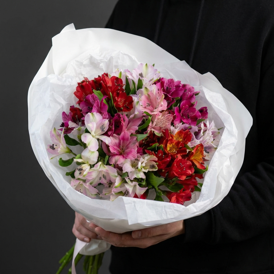 Букет из альстромерий в белой упаковке