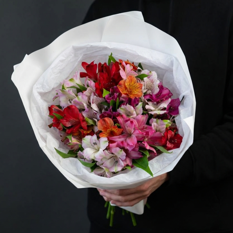 Букет из альстромерий в белой упаковке