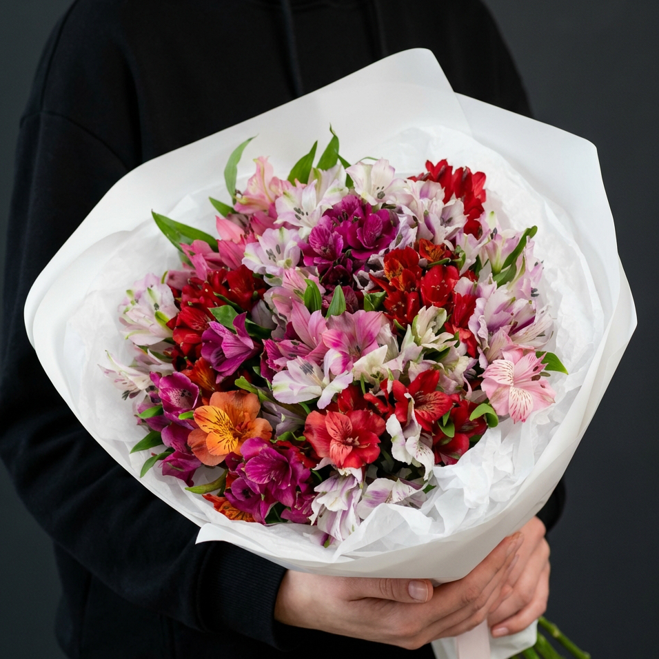 Букет из альстромерий в белой упаковке