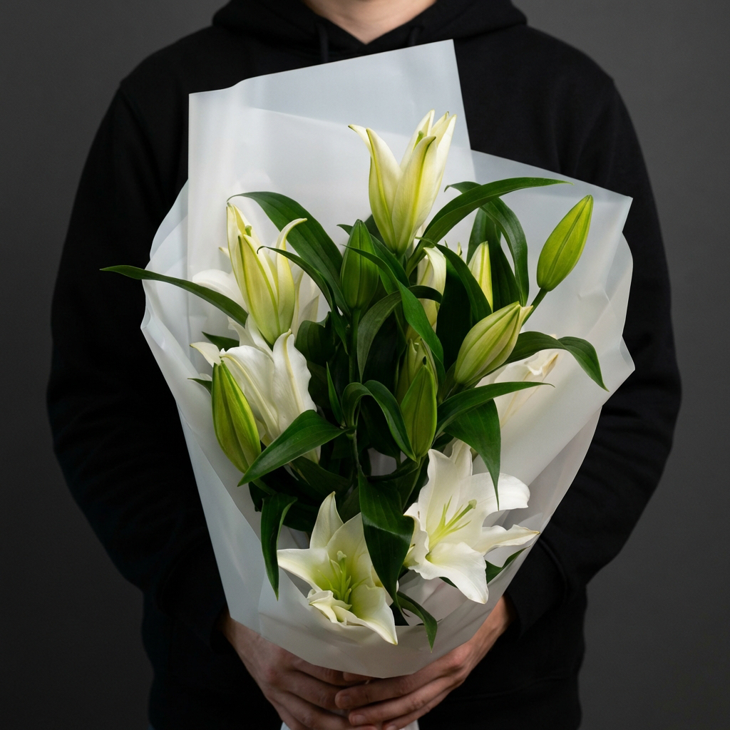 Букет из белых лилий в белой упаковке