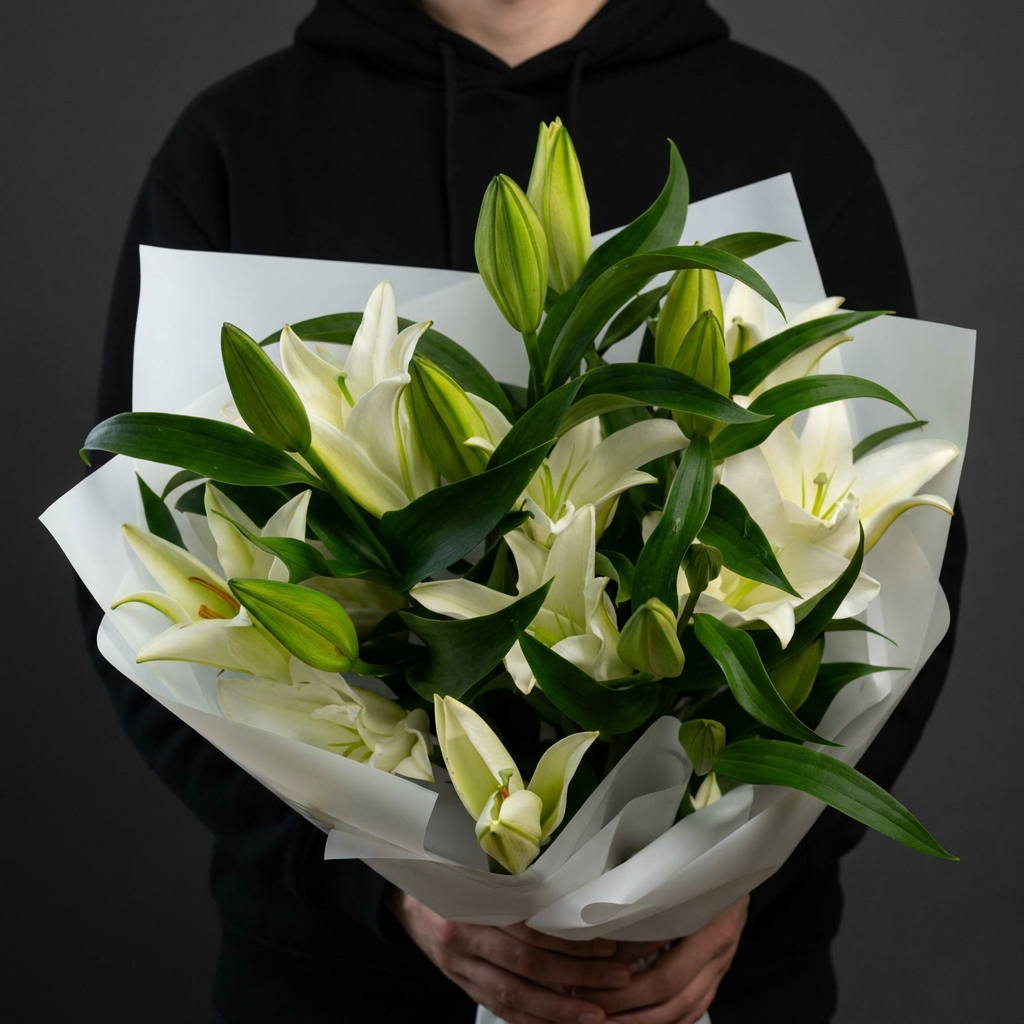 Букет из белых лилий в белой упаковке