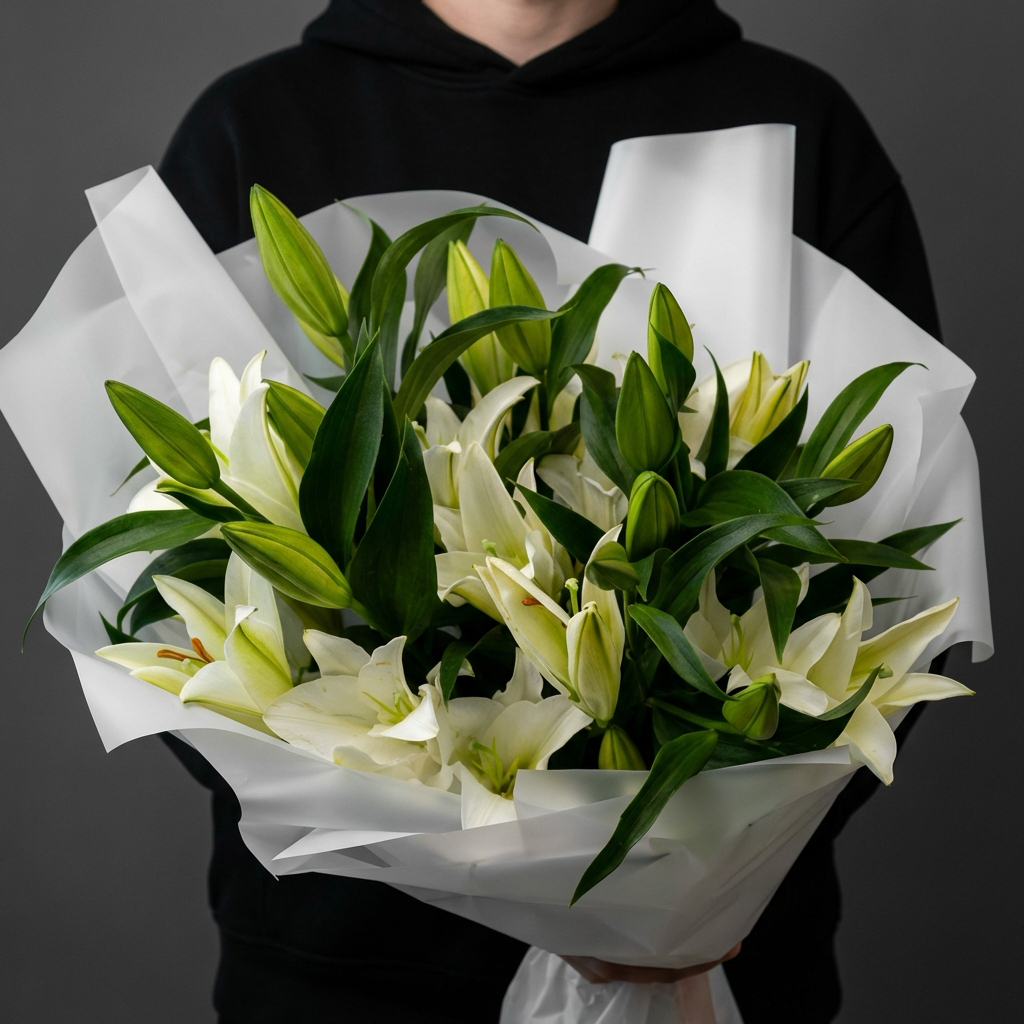 Букет из белых лилий в белой упаковке