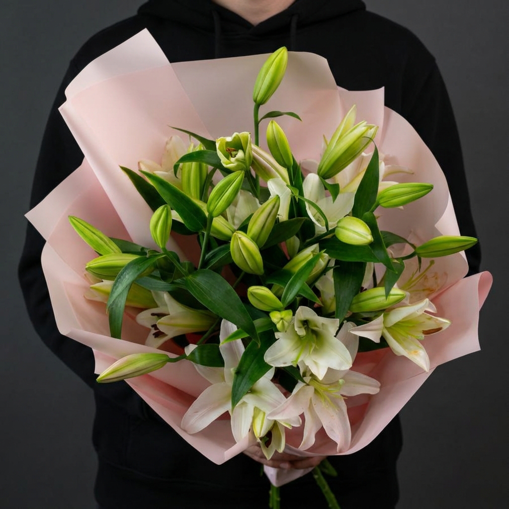 Букет из лилий в розовой упаковке